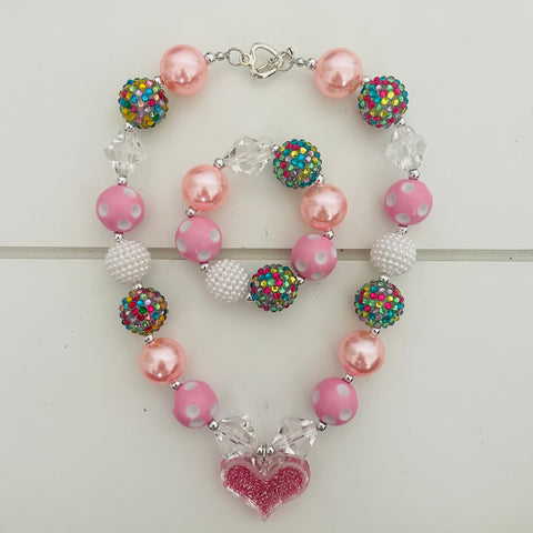 SPARKLE HEART PINK BUBBLEGUM NECKLACE AND BRACELET